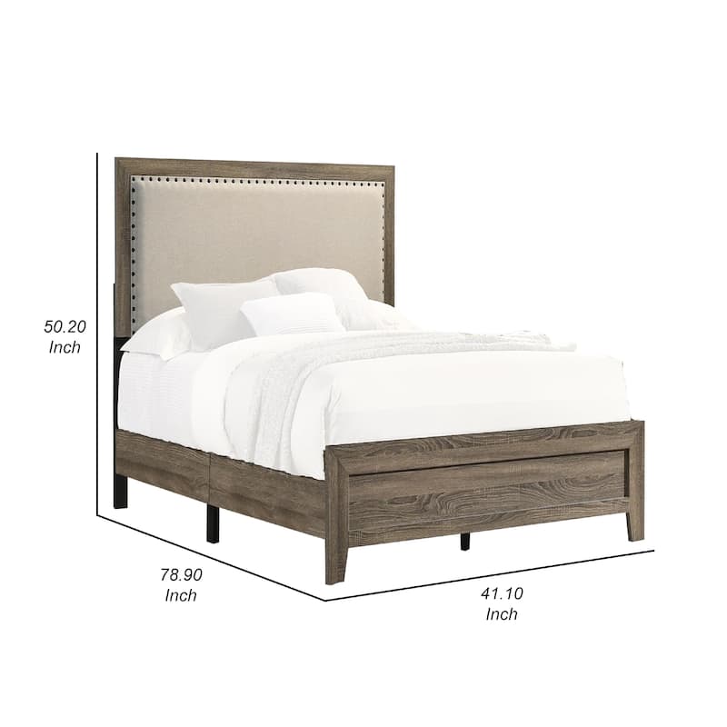 Shannon Twin Panel Bed with Nailhead Trim, Ivory Fabric, Gray Wood