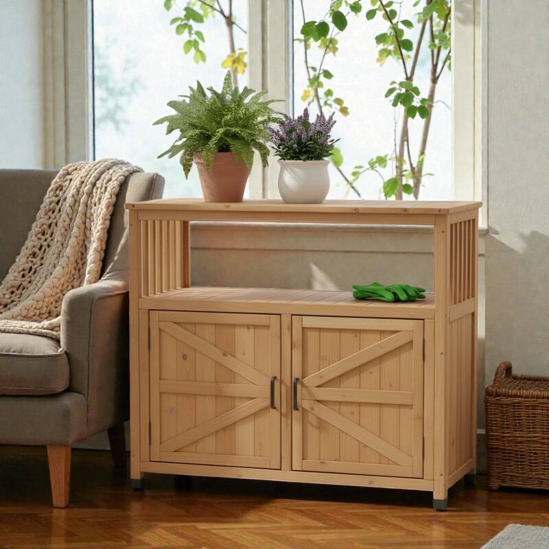 Wooden Patio Bar Table with Storage Cabinet, Solid Wood Outdoor Buffet Sideboard for Patio, Deck and Backyard - Light Brown