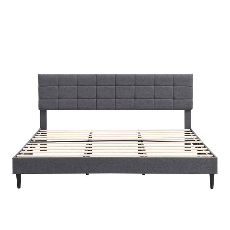 King Size Platform Bed Frame with Fabric Upholstered Headboard and Wooden Slats, No Box Spring Needed, Dark Grey