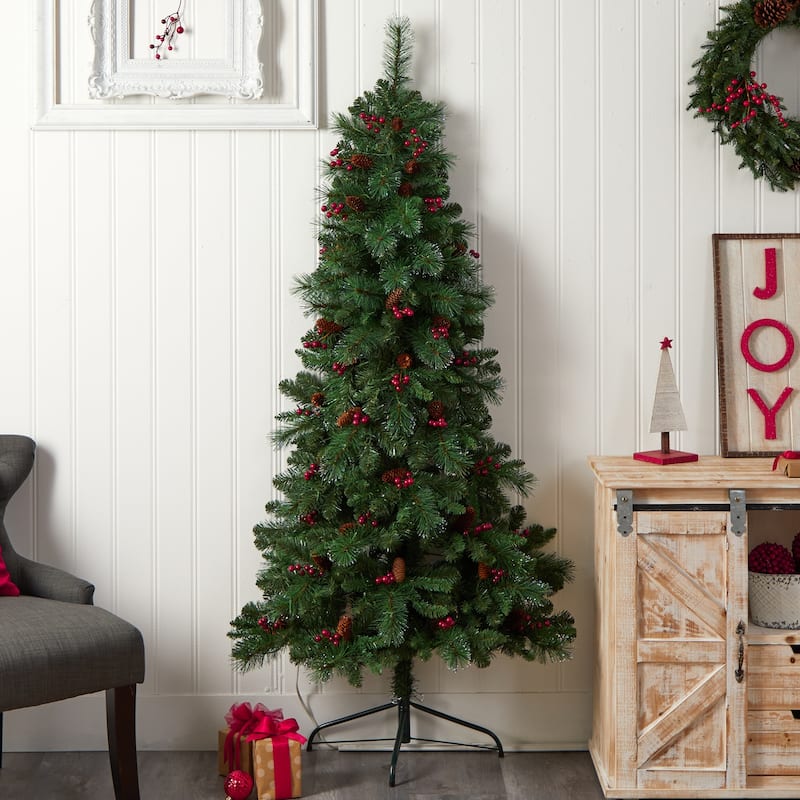 6ft. Flat Back Pine Artificial Christmas Tree with Pinecones, Berries & 150 Warm White LED Lights - Festive Holiday X-Mas Accent