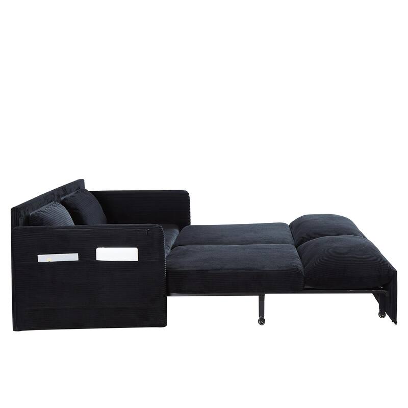 65" Corduroy 2-Seater Sleeper Sofa, 3-in-1 with Storage and Side Pocket