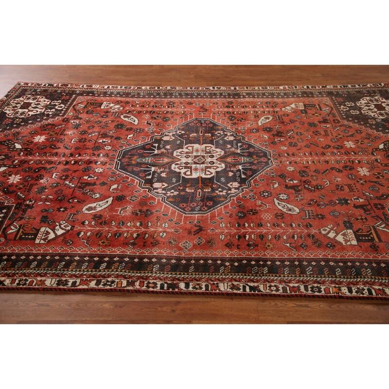 Vegetable Dye Handmade Shiraz Persian Vintage Rug Orange Wool Carpet - 6'2"x 9'4"