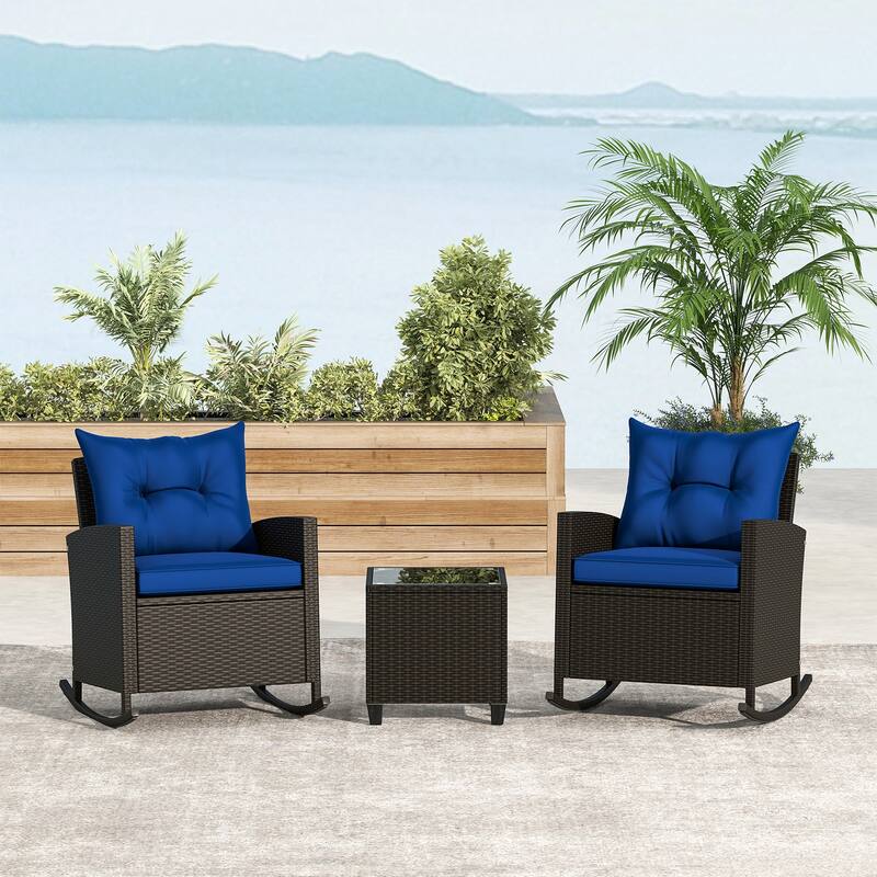 Gymax Set of 3 Wicker Rocking Set Patio w/ Tempered Glass Table & Soft - Blue