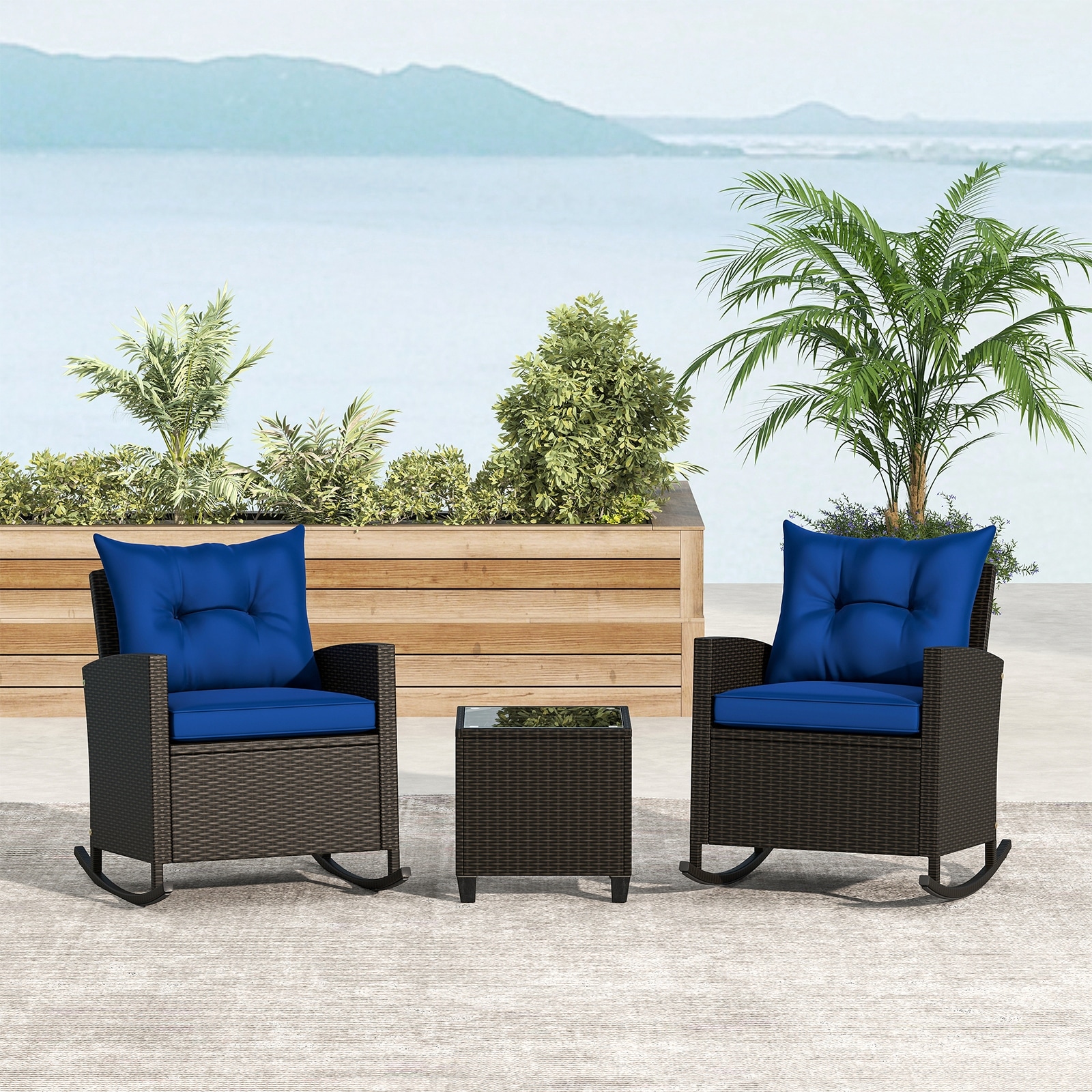 Gymax Set of 3 Wicker Rocking Set w/ Tempered Glass Table Patio