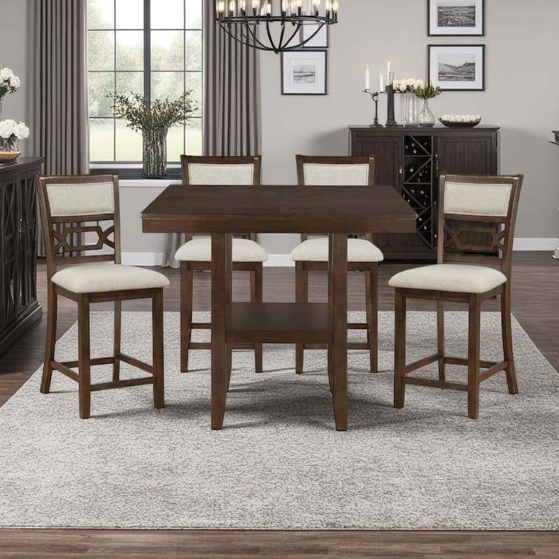 Kalen 5pc Counter Table and Dining Chairs Set, Brown Wood, Beige
