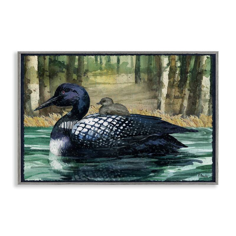 Stupell Loon with Baby on Lake Framed Giclee Art Design By Paul Brent - 18 x 12 - Grey