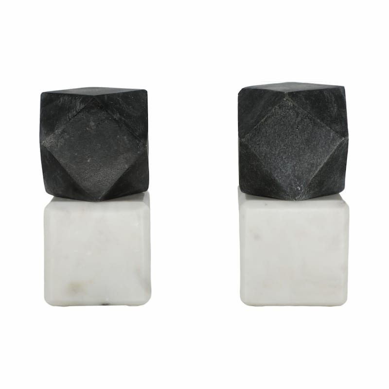 Decorative Marble Bookends with Hexagon Orb - Set of 2, 6"