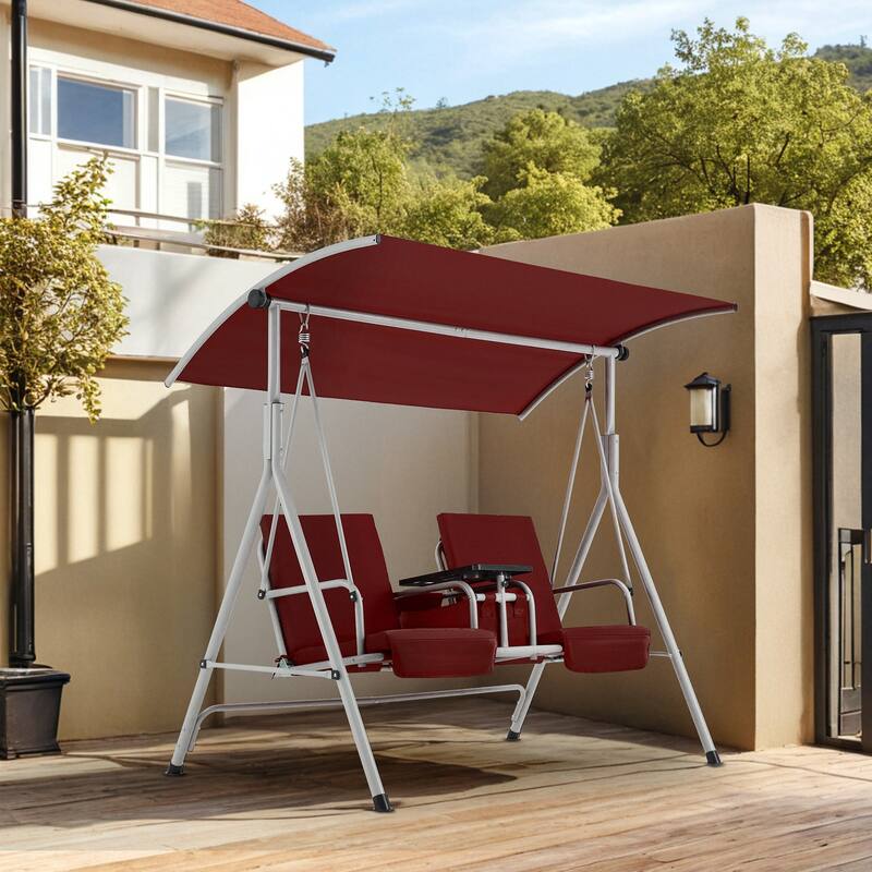 Outdoor Swing with Stand, Canopy, Pivot Table & 2 Cup Holders - Patio, Balcony, Bedroom