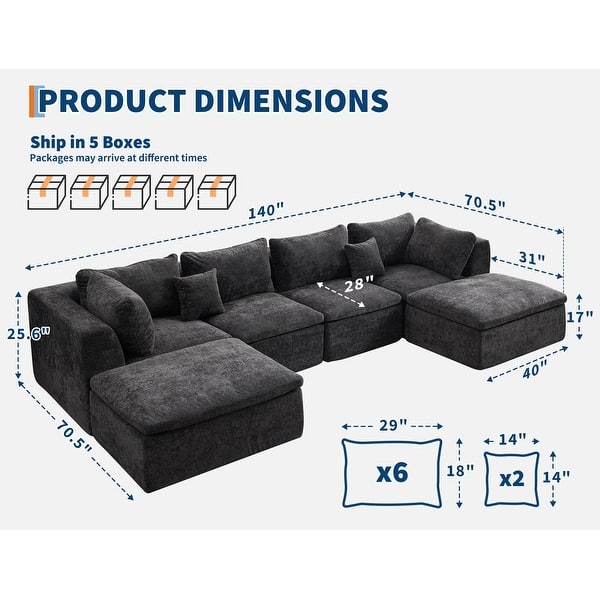 dimension image slide 0 of 3, 140" U-Shaped Modular Sectional Sofa, 6-Seater Oversized Chenille Couch with Double Chaise, Ottoman & Pillows