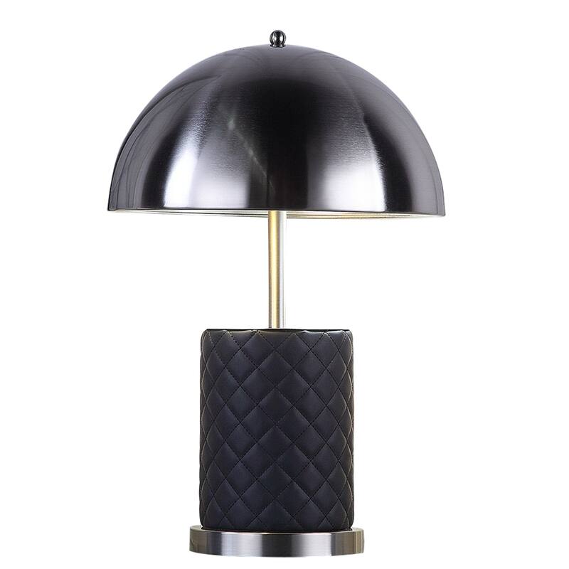 Aria 21 Inch Table Lamp, Round, Dome Shade, Dark Silver, Black Faux Leather - Blackened Silver, Black
