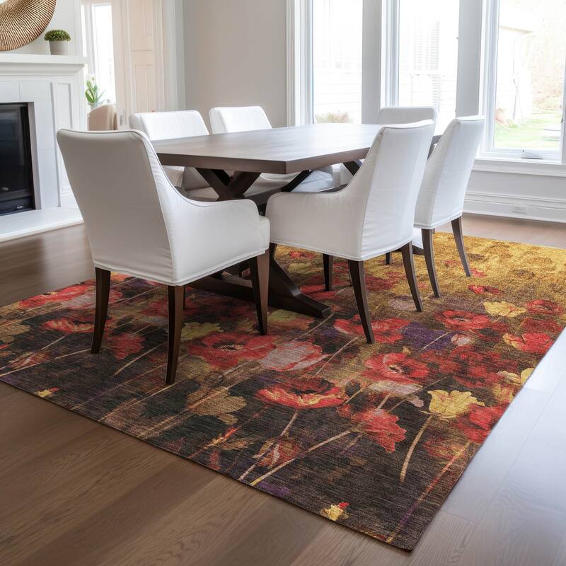 Machine Washable Indoor/ Outdoor Modern Floral Chantille Rug