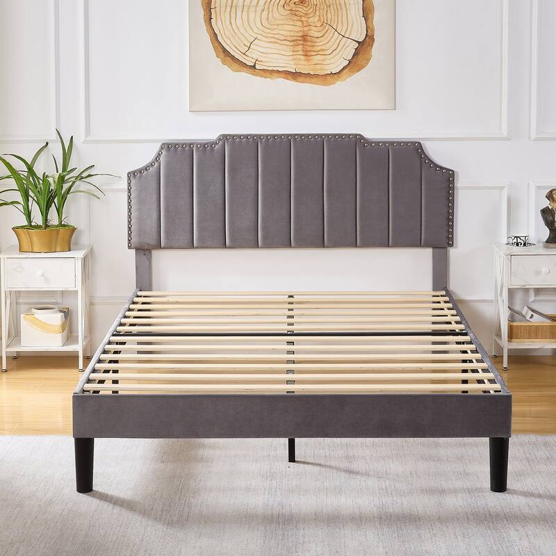 Javlergo Upholstered Platform Bed Frame with Nailhead Trimmed Adjustable Height Headboard, No Box Spring Needed