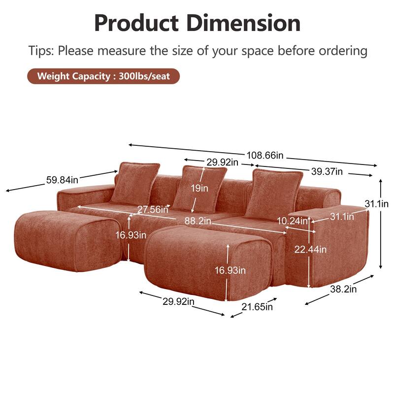 Streamlined Design Modular 3 Seat U Shape Boneless Velvet Fabric Sofa with 2 Movable Ottoman - 8' x 10'