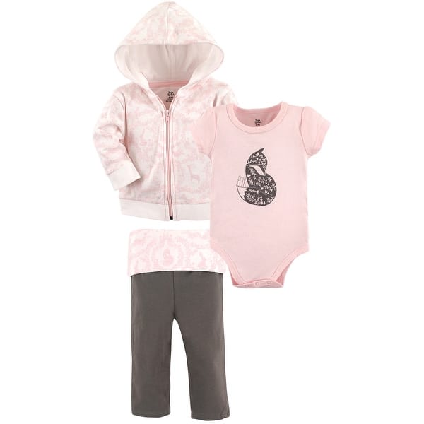 slide 1 of 1, Yoga Sprout Baby and Toddler Girl Cotton Hoodie, Bodysuit or Tee Top, and Pant, Lace Garden Baby 0-3 Months - Lace Garden Baby