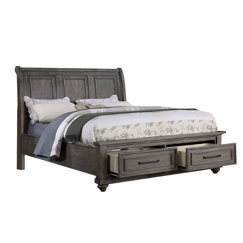 Sleigh Storage Bed with 2 Underbed Drawers in Antique Grey Oak - California King