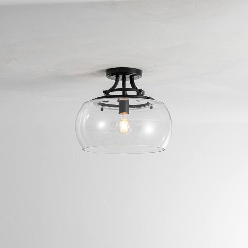 1-Light 13.8" W Modern Schoolhouse Matte Black Semi-Flush Mount Ceiling Light with Clear Dome Glass Shade for Bedroom - Black/Clear - 13.8 in. W x 11.4 in. H x 13.8 in. D