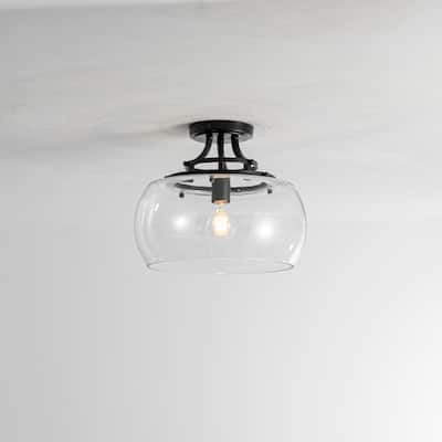 1-Light 13.8" W Modern Schoolhouse Matte Black Semi-Flush Mount Ceiling Light with Clear Dome Glass Shade for Bedroom