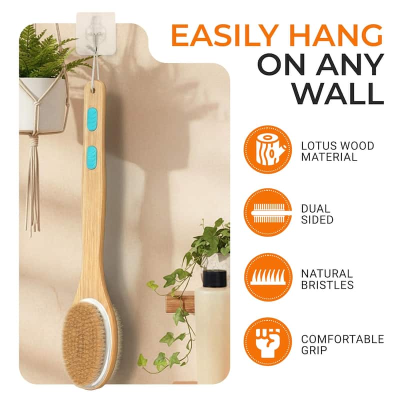 Cheer Collection Dual Sided Shower Brush Long Handle Lotus Wood 17.1 Inch Body Brush with Soft and Firm Bristles