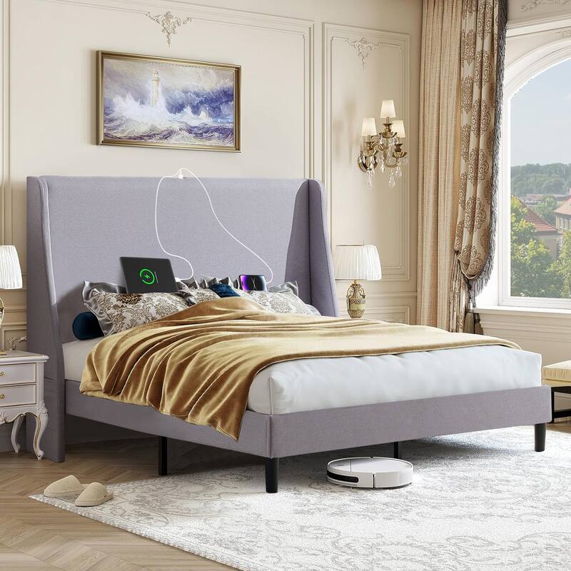 VECELO Bed Frame with Upholstered Wingback Headboard,Platform Bedframe with Charging Station & Side Pockets