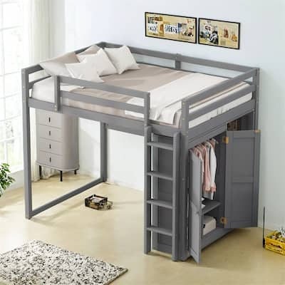 Wood Full Size Loft Bed with Built-in Wardrobe and Storage Shelves