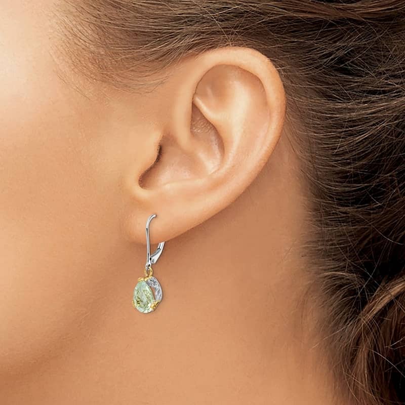 Curata 925 Sterling Silver and 14K Green Amethyst Leverback Earrings M28x8mm