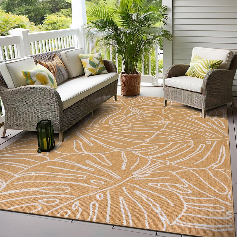 World Rug Gallery Contemporary Tropical Leaves Indoor/Outdoor Area Rug - 5' X 7' - Yellow