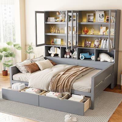 Wood Multi-Functional Daybed LED Storage DayBed with Storage Cabinets