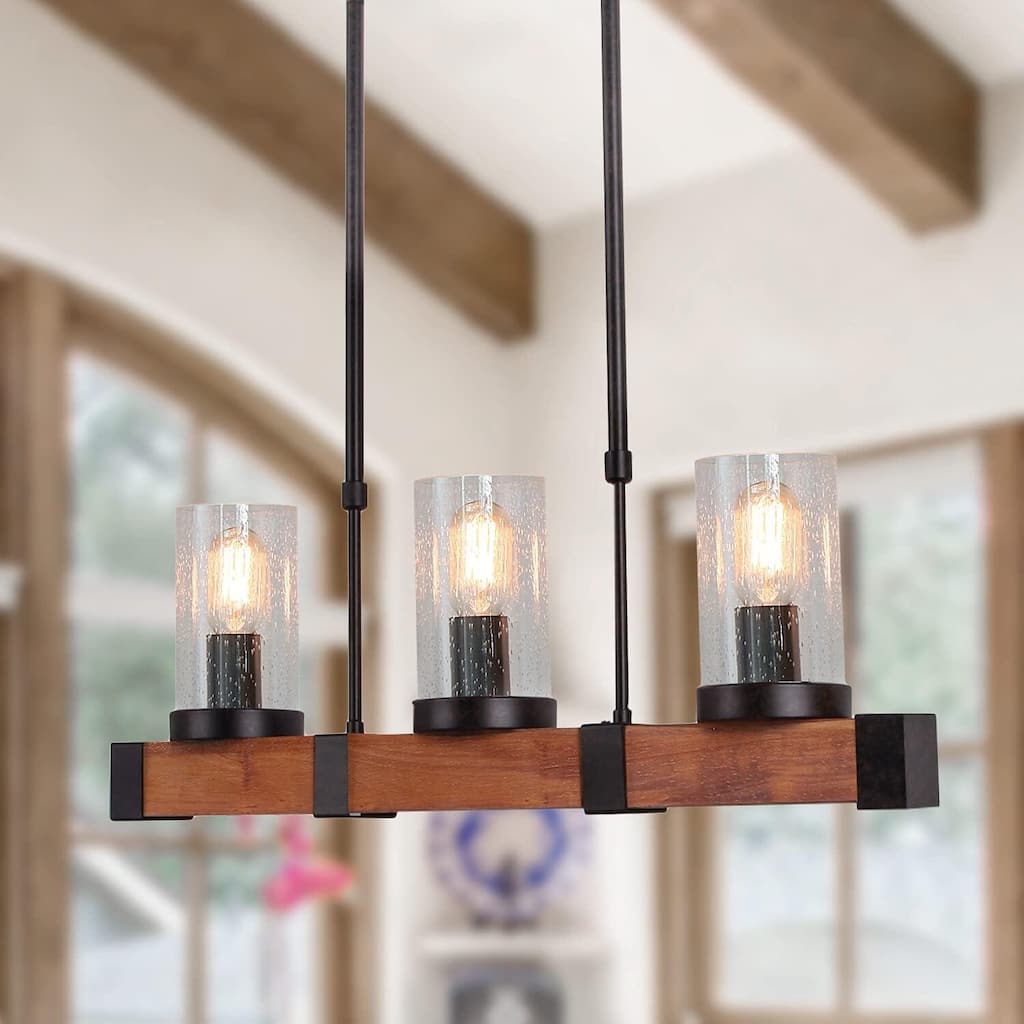 3 - Light Kitchen Island Wooden Linear Pendant, Farmhouse Vintage Medieval Chandelier