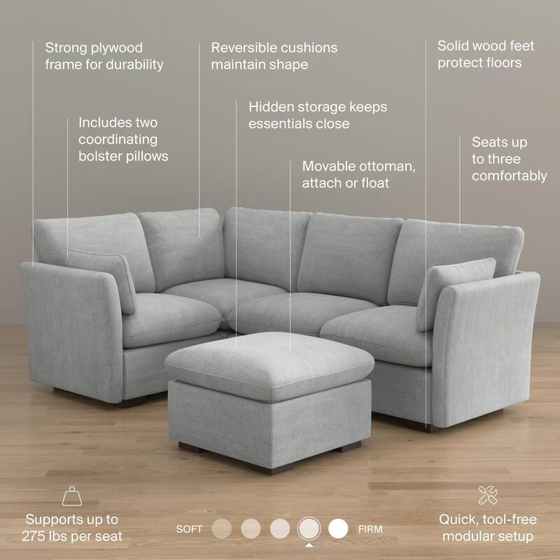 Bush Home Sienna Modular 3-Seater Sectional with Storage Ottoman