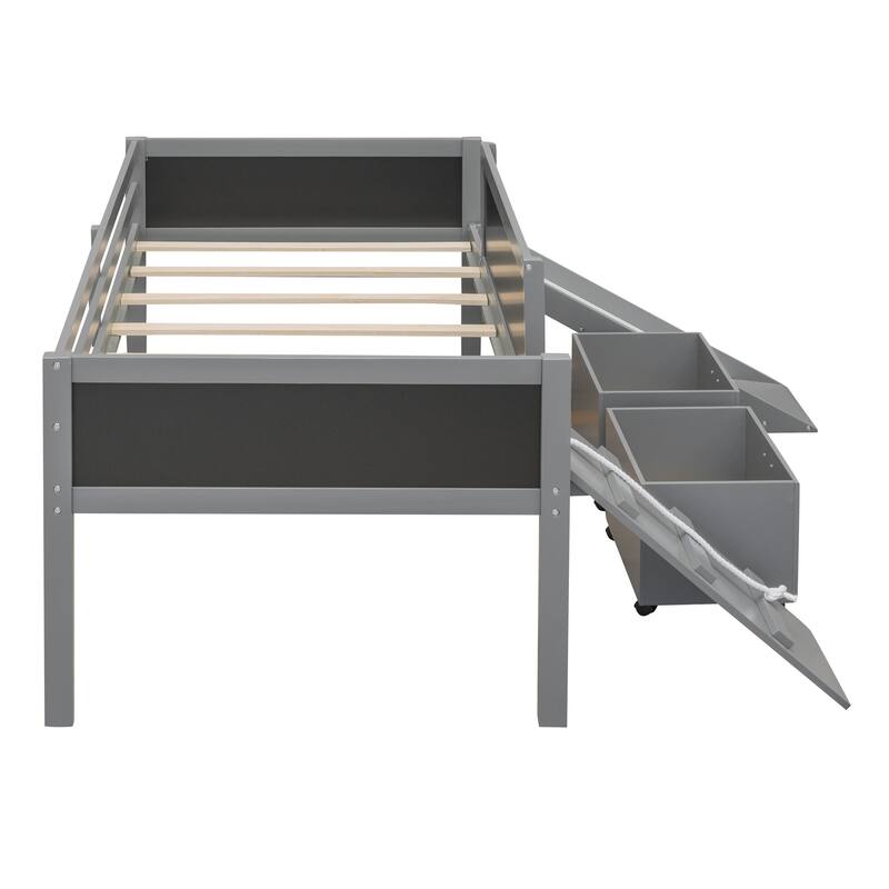 Twin Size Loft Bed with Storage Boxes and Climbing Frame - Gray