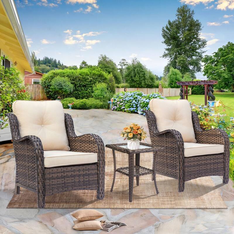 High Back Brown Wicker Outdoor Patio Furniture Sets with Patio Chairs - 3 Piece - Beige
