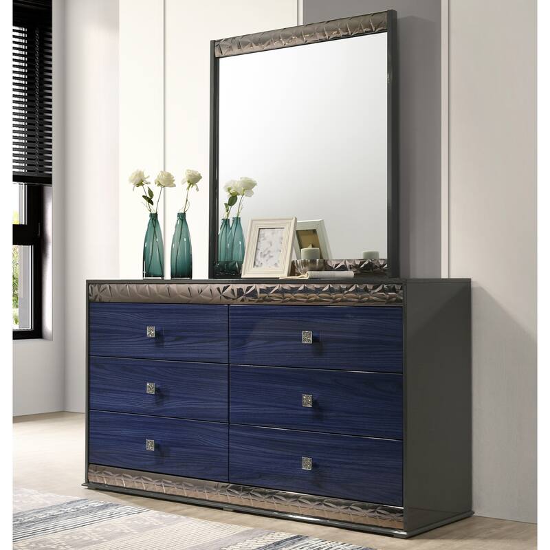 Furniture of America Luzen Glam 5-Piece Two-Tone Blue Wood Queen Platform Bedroom Set