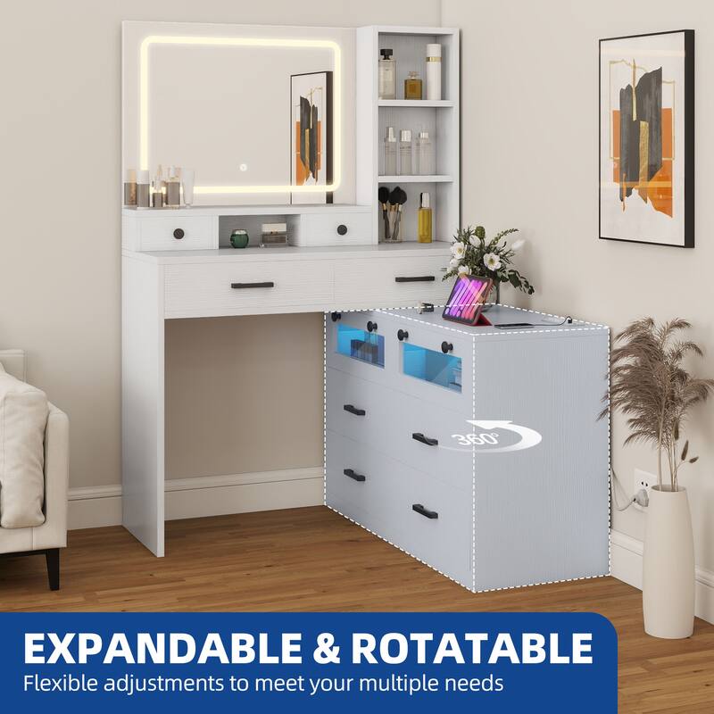 Moasis 65" Makeup Vanity Desk with 10 Drawers, RGB LED Mirror and Charging Station