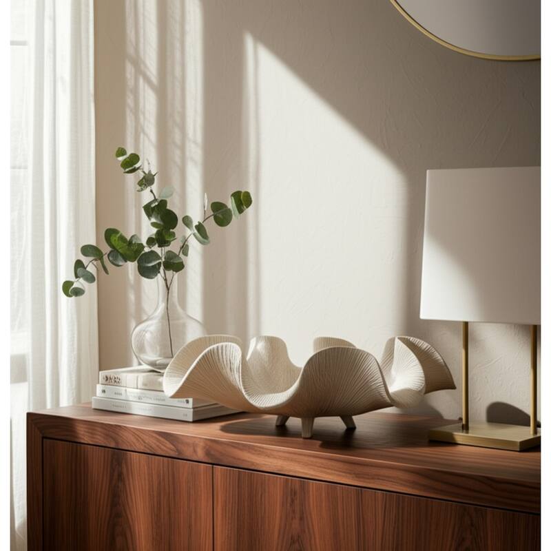 Resin Decorative Bowl Textured Wavy Sculptural Design - 17" White - 16.75" x 11.75" x 6.25"