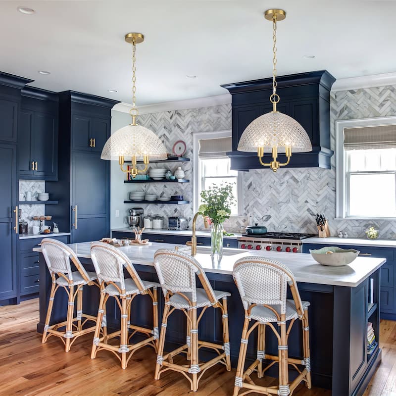 Brushed Gold 3-Light Pendant Light with Half-Dome Grid Shade Dining - Dia.15.75-in