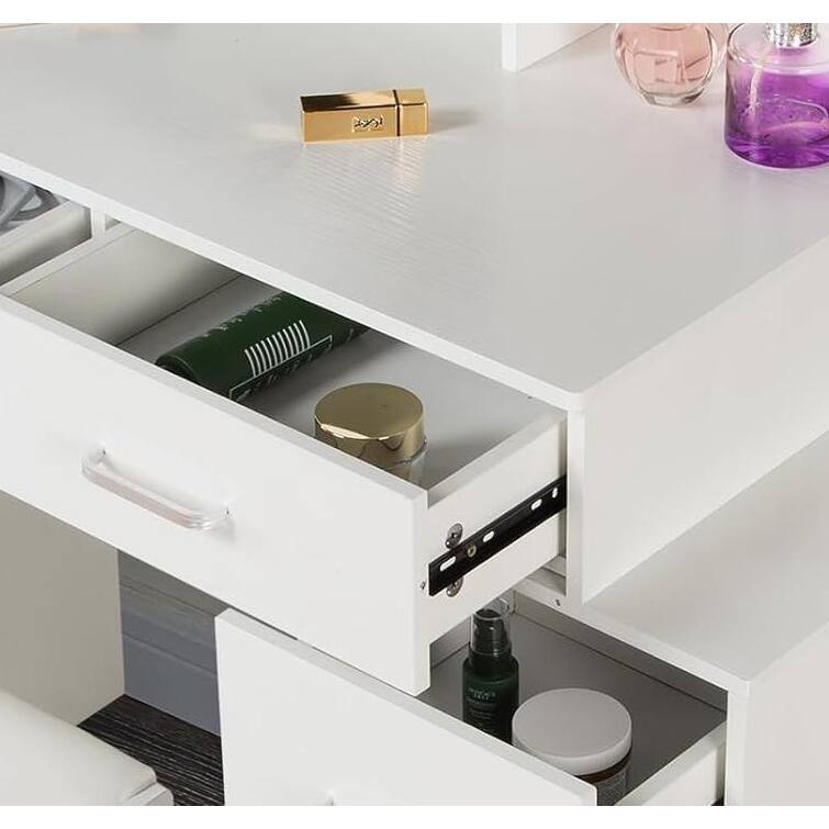 Vanity Desk with Mirror & Lights, Makeup Vanity Set with Power Outlet, 5 Drawers & 3 Open Shelves, 3 Lighting Color Adjustable