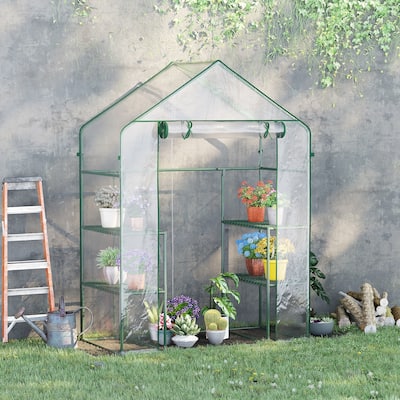 Outsunny 56" x 29" x 77" Mini Greenhouse, Walk-in Greenhouse, Garden Hot House with 4 Shelves, Roll-Up Door
