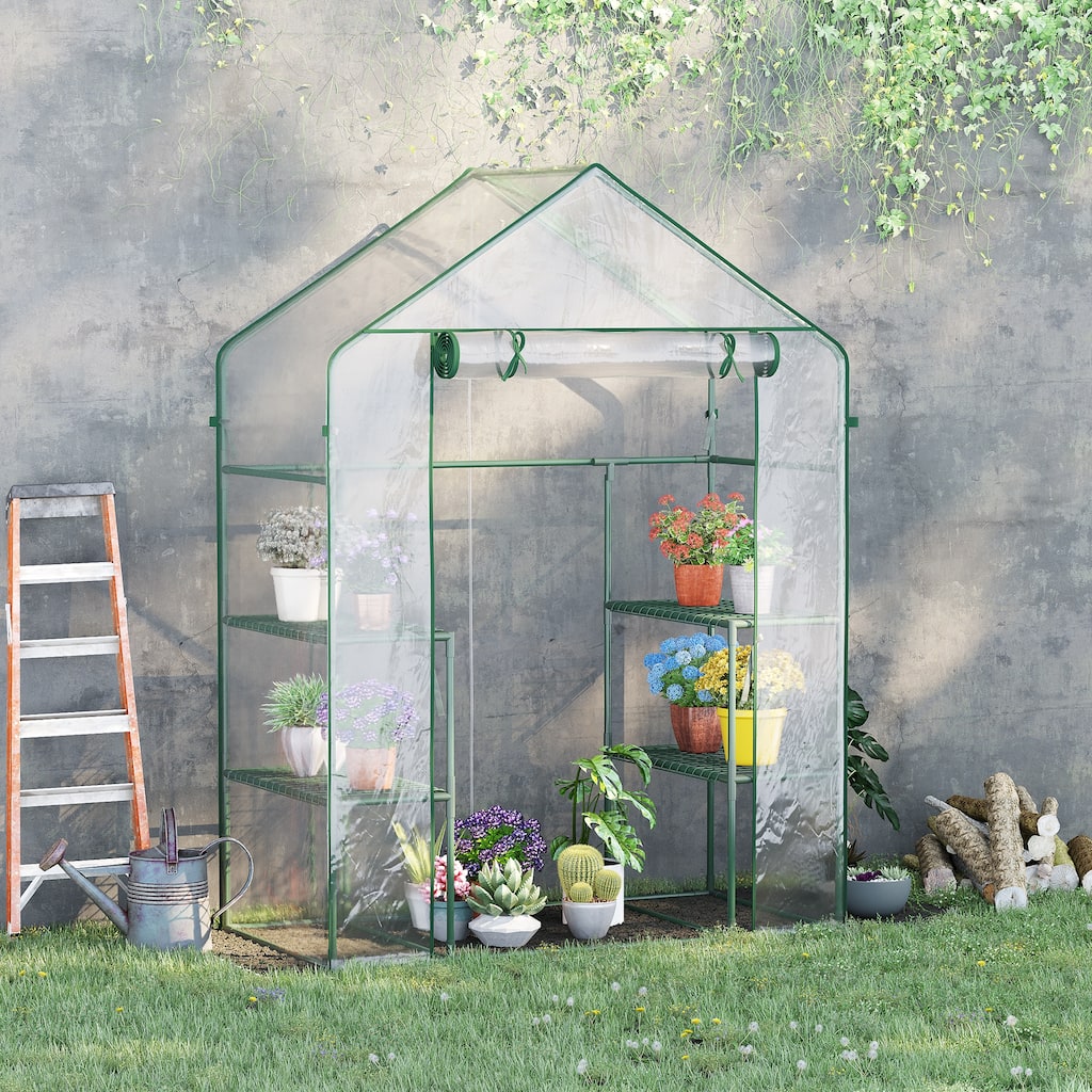 Outsunny Outdoor Walk-In Tunnel Greenhouse with 3-Levels of Shelving, Roll-up Door, & Weather Cover