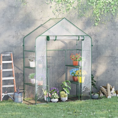 Outsunny Outdoor Walk-In Tunnel Greenhouse with 3-Levels of Shelving, Roll-up Door, & Weather Cover