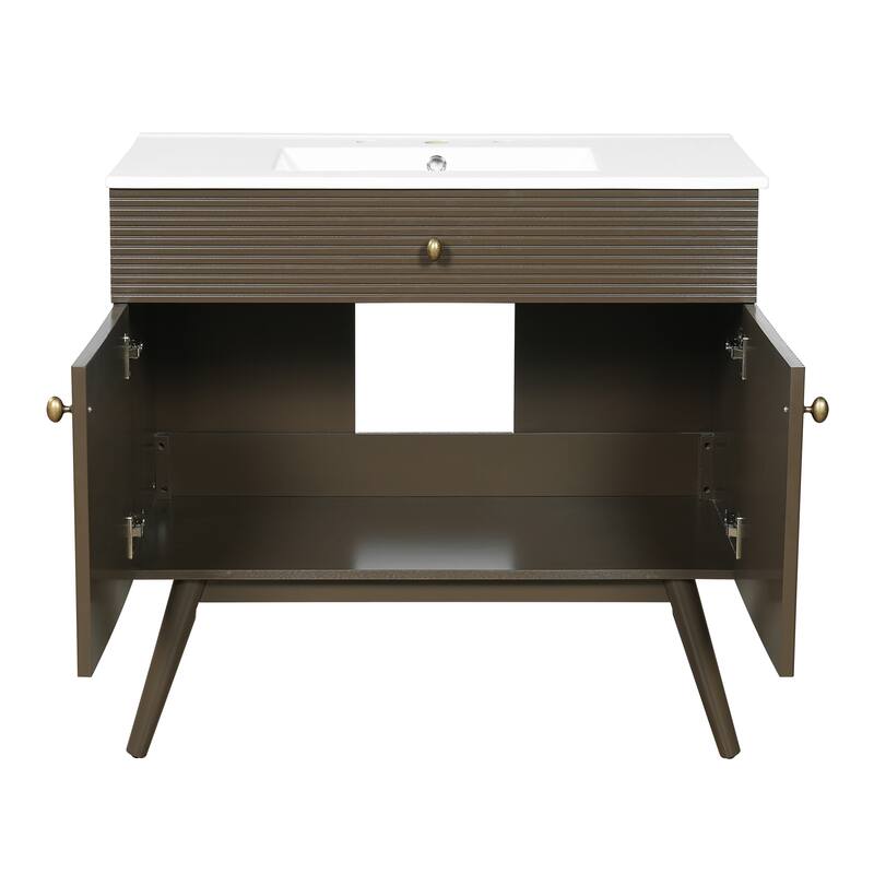 Christopher Knight Home - Modern Space Saving Striped Bathroom Vanity with Premium Ceramic Sink & Soft-Close Dual-Door Storage