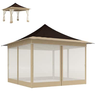 Large Brown Outdoor Adjustable Height Pop-Up Canopy Tent with Mesh Walls and UV Protection - 140.6" L x 140.6" W x 122" H