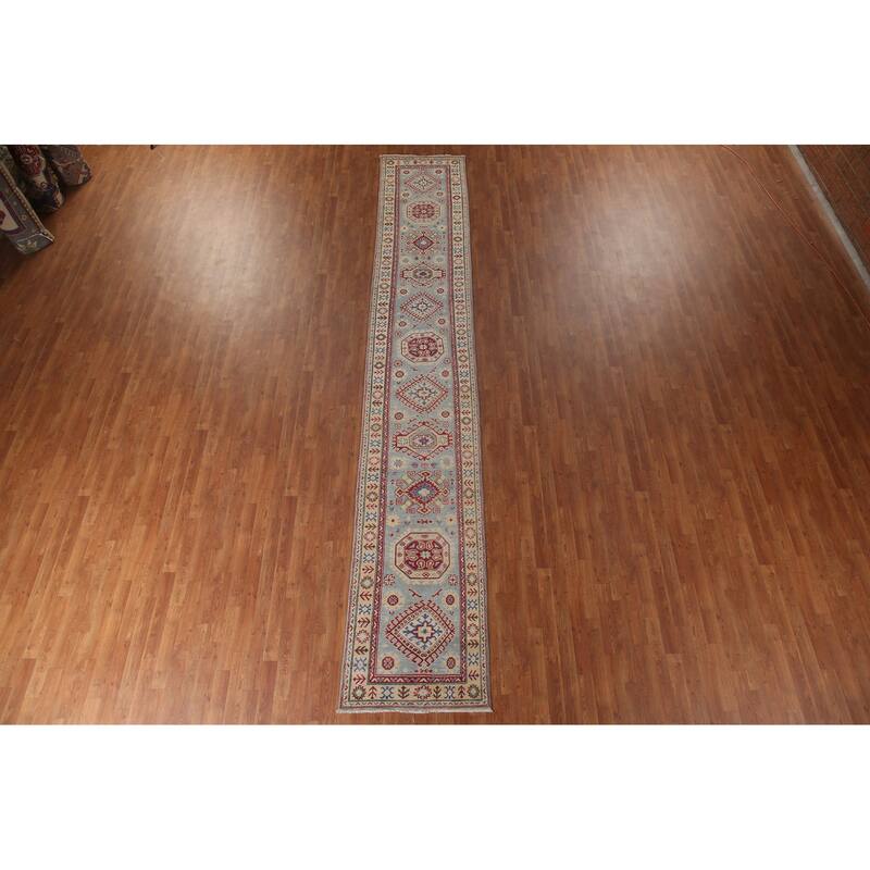 Light Blue Kazak Runner Rug Hand-Knotted Wool Carpet - 2'7" x 15'9"