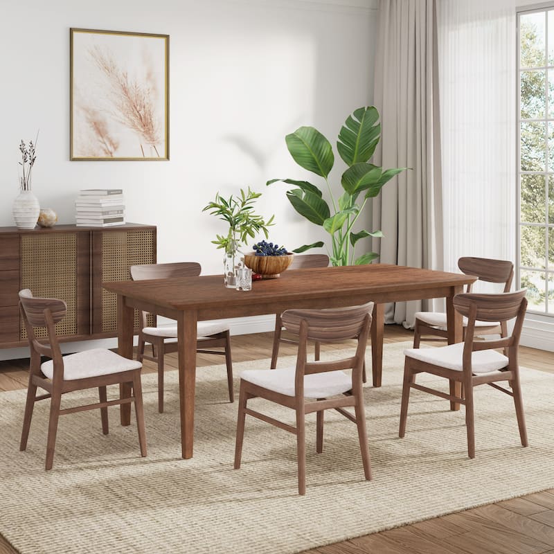 Christopher Knight Home - Marigold Mid Century Rubberwood and Upholstered 7 Piece Dining Set - Light Beige+Walnut