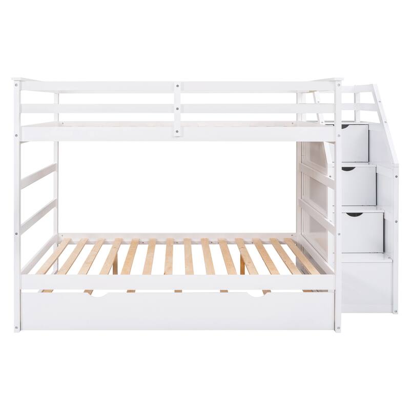 Bunk Bed with Trundle with Safety Guardrail and 3 Storage Stairs, Triple Bunk Multifunctional Space-Saving Solution for Bedroom