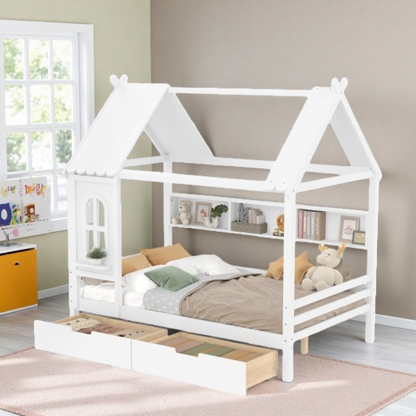 Twin Size House Platform Bed with Roof and Window, Solid Wood Bed Frame with Storage Drawers and Built-In Shelves