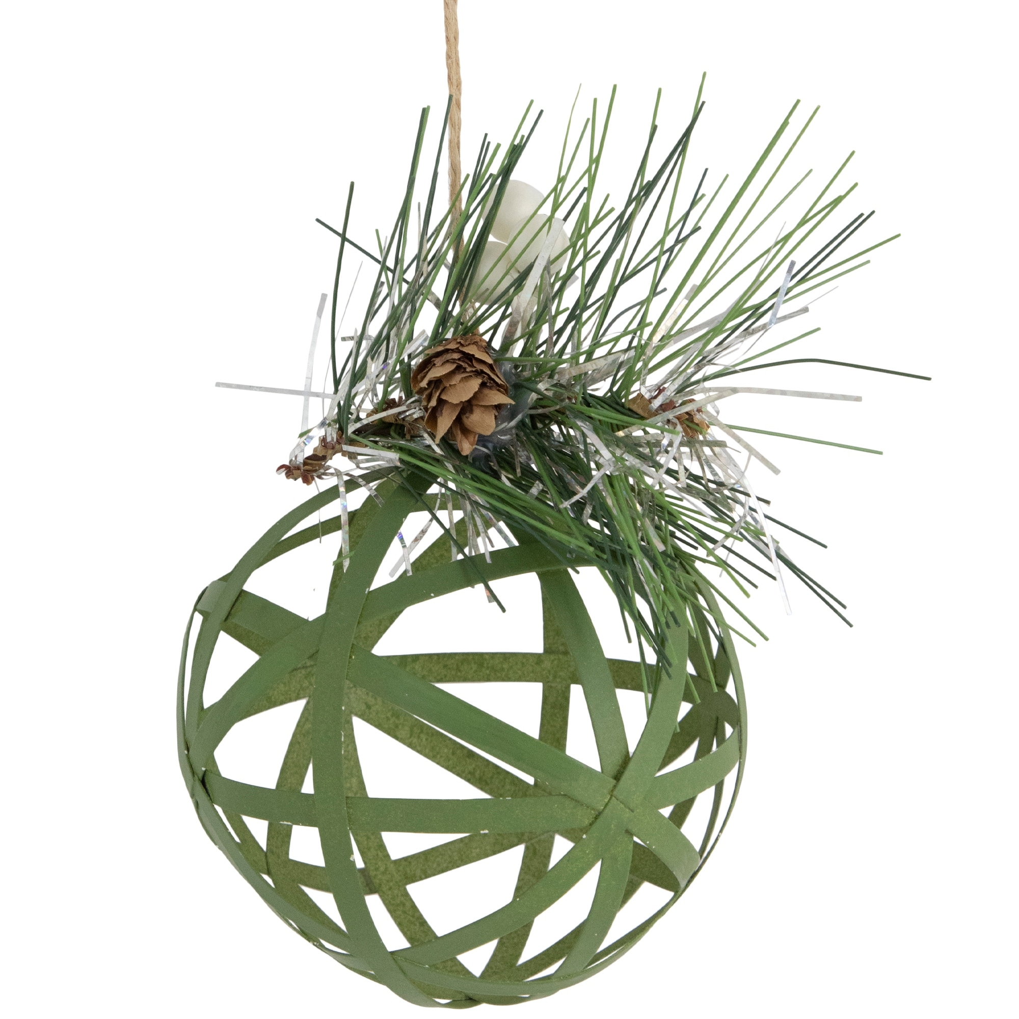 Hollow Metal Christmas Ball Ornament with Pinecone - 5" - Green