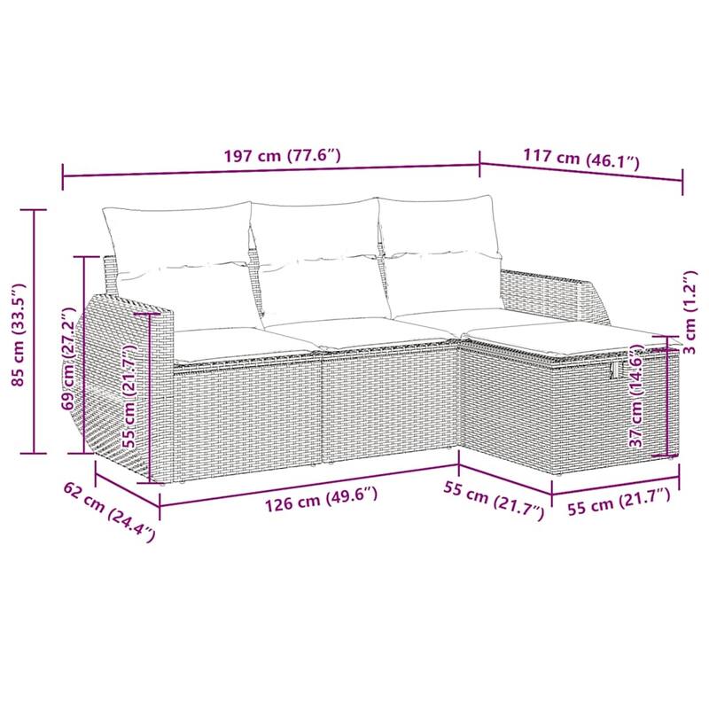 vidaXL Patio Sofa Set with Cushions Outdoor Furniture 4 Piece Poly Rattan - 21.7 x 21.7 x 14.6