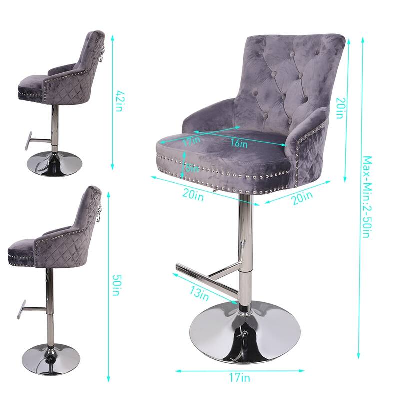 1 PCS Tufted Velvet Barstool Adjustable Lift with Lion Knocker High - 20" L x 20" W x 50" H
