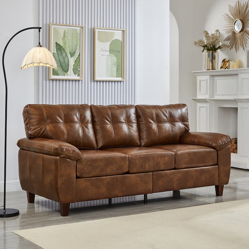79" Three Seater Sofa Modern Design Faux Leather Couch,Storage,Big Armrest Sofa,Upholstered Breathable PU Leather Sofa - Brown