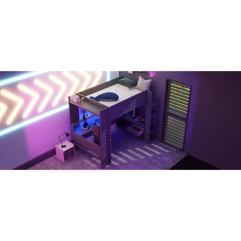 Roomfitters Full Size Gaming Loft Bed with Desk, Storage Shelves and LED Lights, Dark Gray